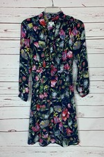 J.Crew Women's XXS Navy Blue Floral Long Sleeve Tie Neck Elastic Beautiful Dress