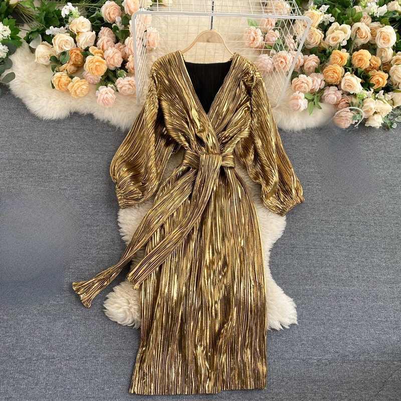 Women Dress Midi Long Sleeve Pleated V-neck Party Gold with Belt