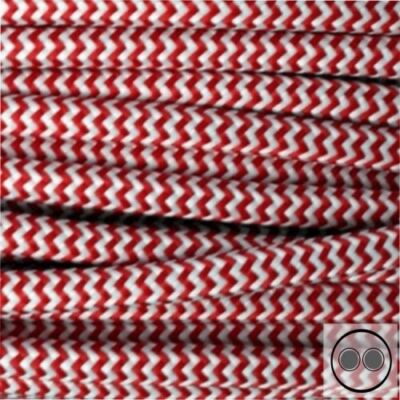 Textile Cable, Fabric Cable, Red White Zig-Zag 2 Core 2 x 0.75 mm² Round (By the Metre