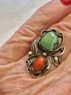 VTG. Sterling Silver Turquoise Coral Ladies Navajo Feather Ring Size 5.25 4.8gr.