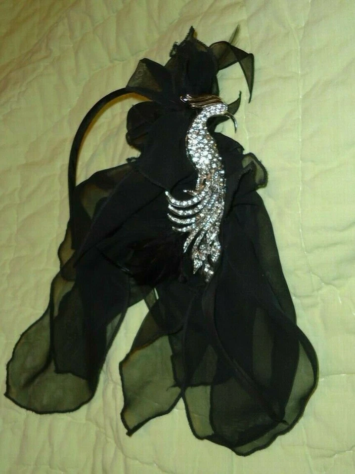 KIRKS FOLLY*Negro*Cinta para la cabeza*Facinator*Vintage*Pavo real con estrás*Plumas*Cizalla Foto 2 de 4