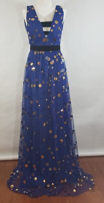 LATISTE by Amy Maxi Dress Blue Gown Dress Metallic Gold Polka Dot Small S.  | eBay