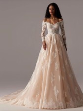 Champagne Lining Lace Bride Dress with Off Shoulder Full Sleeves A Line Romantic