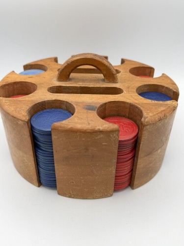 Vtg Wooden Poker Chip Carousel Holder w Mixed Material Chips Mid Century