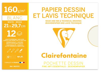 Clairefontaine 10x Lavis, Technisches Zeichenpapier A4, Pkg 12 Bogen 160g 96257C