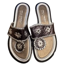 Mila Paoli Women's Metallic Leather Thong Sandals Made in Italy 5.5 Silver Black