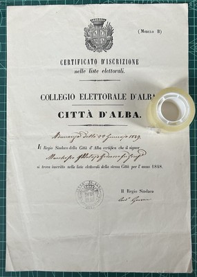 Rare Certificate of Registration in the City  of ALBA Electoral Lists of 1849