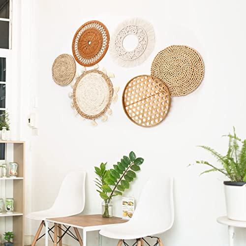 Boho Wall Baskets Decor Set of 6 Flat Woven Basket Wall Hanging Decor Round - Picture 4 of 7