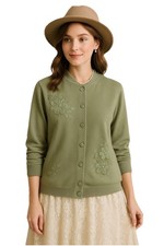 Alfred Dunner Small Button Up Cardigan Sweater Green Floral Beaded Embroidery