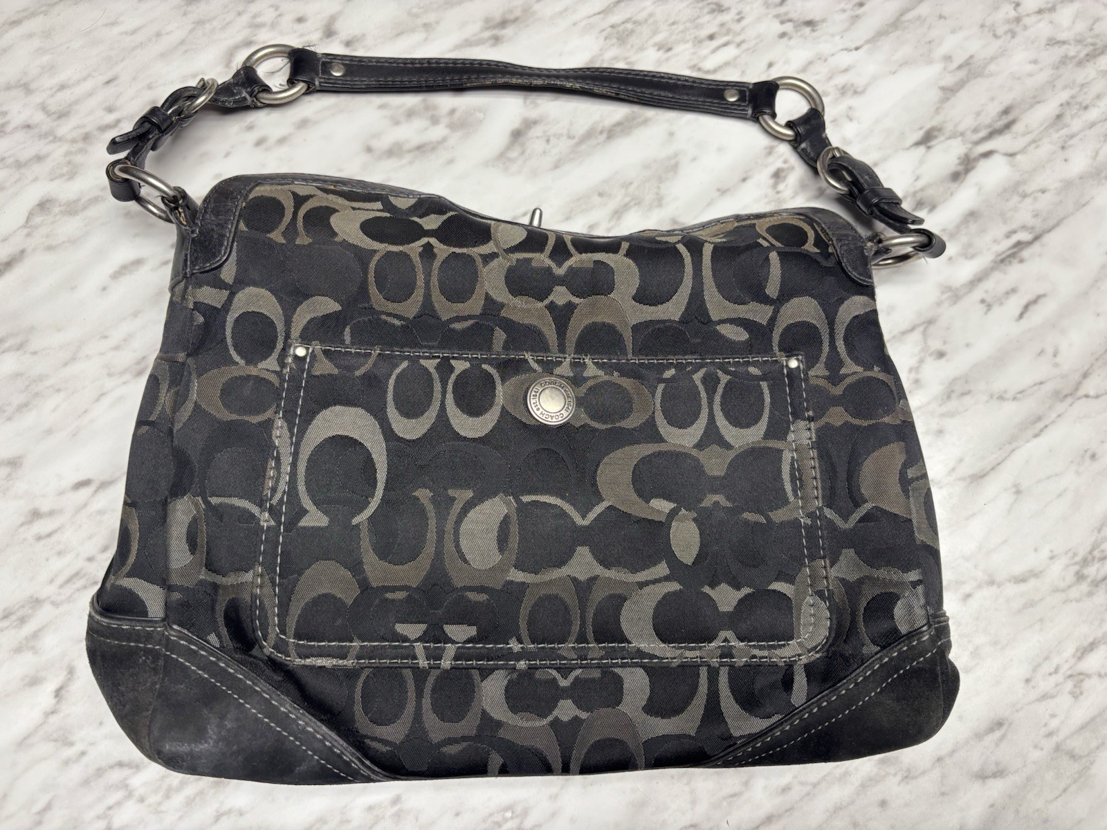Coach Black Gray Signature Shoulder Bag Purse Leather Strap Silver Hardware