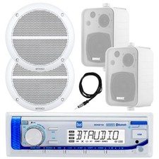 in-Dash Marine Stereo Receiver, Antenna, 2x 6.5" Speakers, 2x 4" Speaker White 