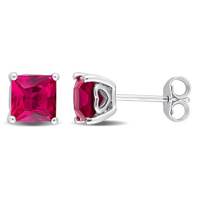 AMOUR 2 1/3 CT TGW Square Created Ruby Stud Earrings In Sterling Silver