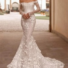 3D Flowers Appliques Wedding Dress Off Shoulder Lace Corset Mermaid Bride Gowns