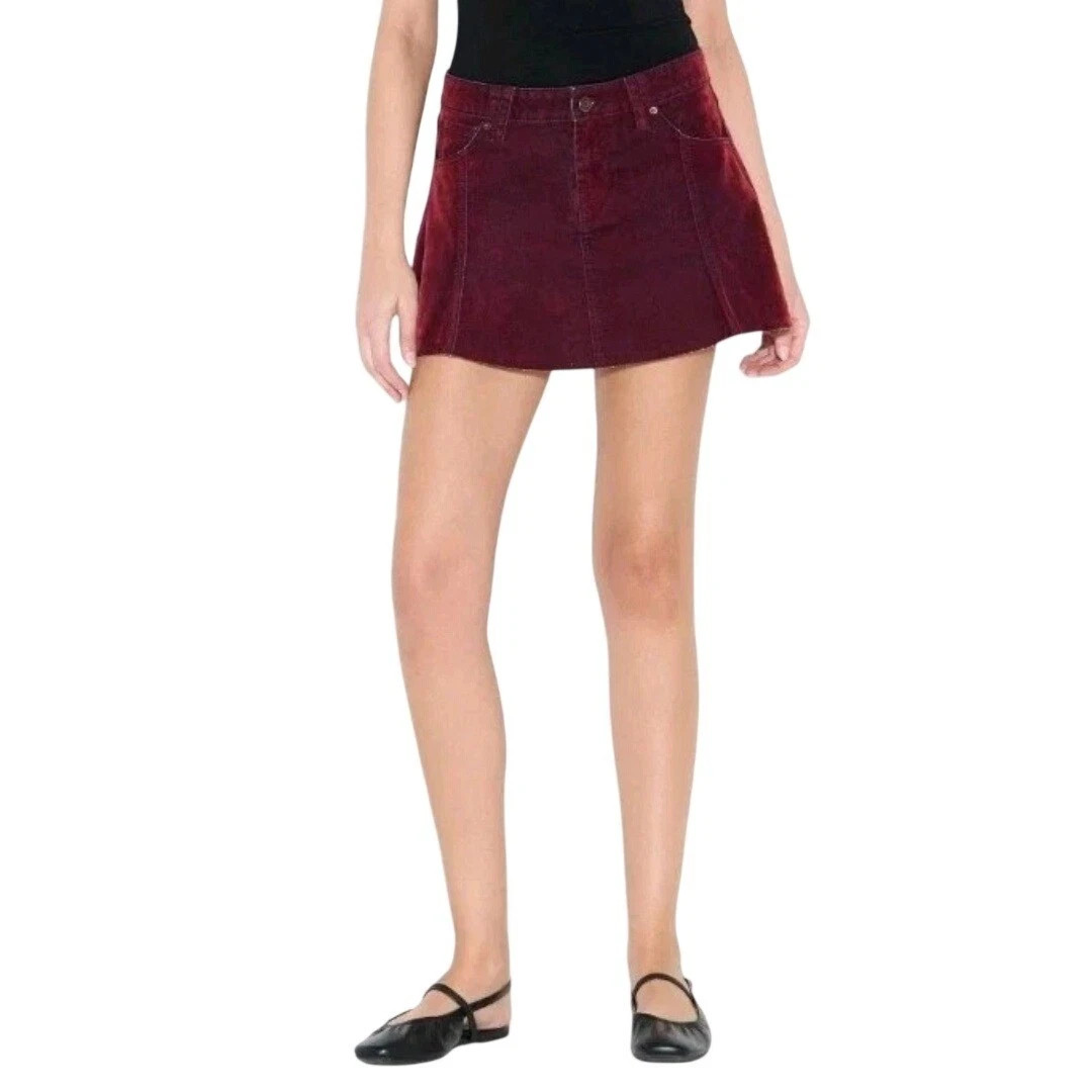 Wild Fable Women's Burgundy Corduroy Stitched Denim Flared Mini Skirt