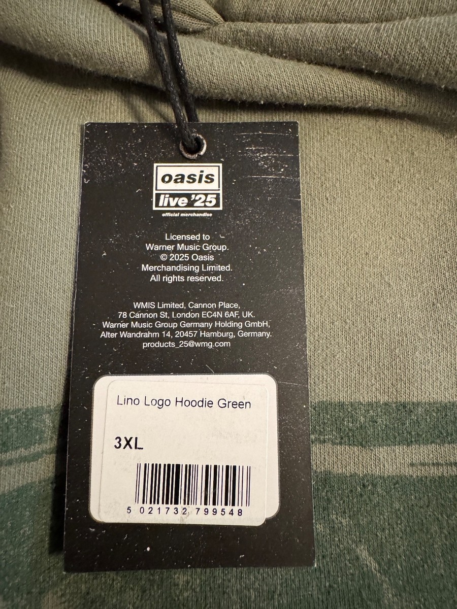 Oasis Live '25 Lino Logo Hoodie Green Heavyweight NWT 3XL XXXL