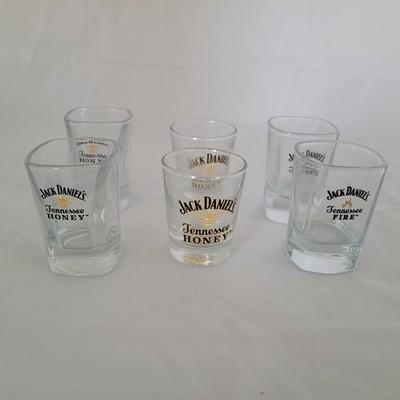 Lot Of 6 Jack Daniels Whiskey Square & Circle Bottom Shot Glasses Honey & Fire