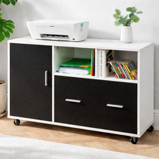 Filing Cabinet Mobile Lockable Drawer Door Office Storage Unit Black Wood Metal