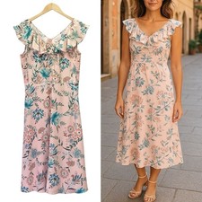 NWT LOFT Ruffle Midi Dress Blush Pink Blue Sleeveless Size Small Cottage Floral