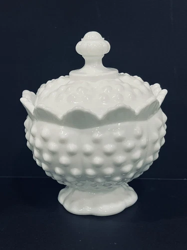 Fenton Hobnail Milk Glass Sugar Bowl Jam Jar Trinket Box Lid Marked