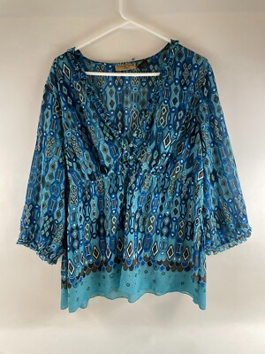 Notations Blouse Women's Plus Size 1X Blue Sheer V-neck Bohemian Style Geometric