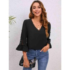 V-Neck Lace Detail Flounce Sleeve Blouse
