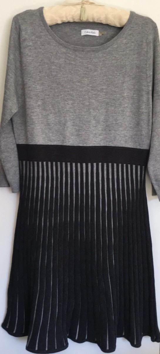 Calvin Klein Dress L Fit & Flared Sweater Striped Skirt 3/4 Sleeve Grey  Black