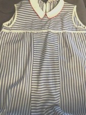 1960-70s Girls Vintage Shift Dress Grey  White Striped Cotton Handmade sz 6-7