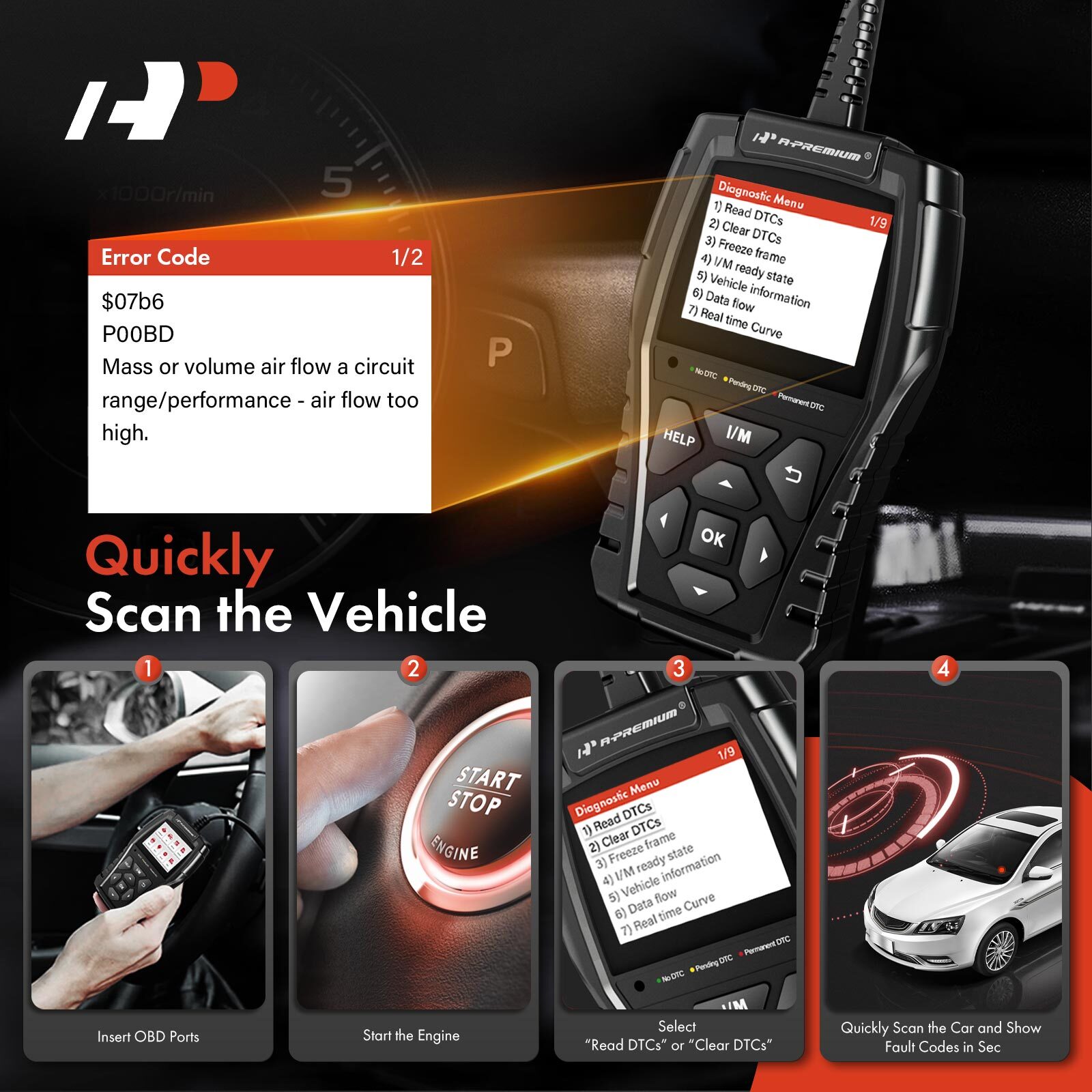 A-Premium AD200 EOBD OBD2 Scanner Enhanced Check Car Engine Light Code ...