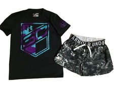 UNDER ARMOUR Girls size Y MEDIUM SC STEPH CURRY FOOTBALL SHIRT SHORTS OUTFIT EUC