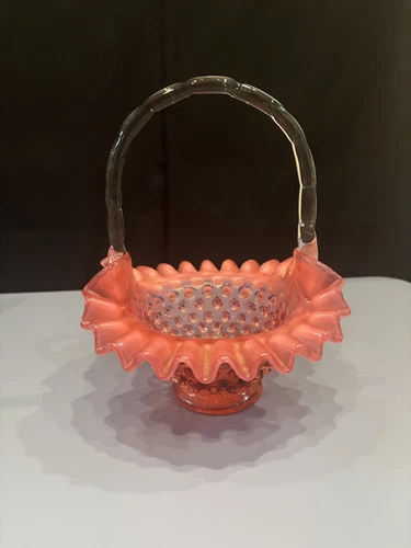 Beautiful Fenton Hobnail Cranberry Opalescent Ruffled Edge Glass Basket 8"H