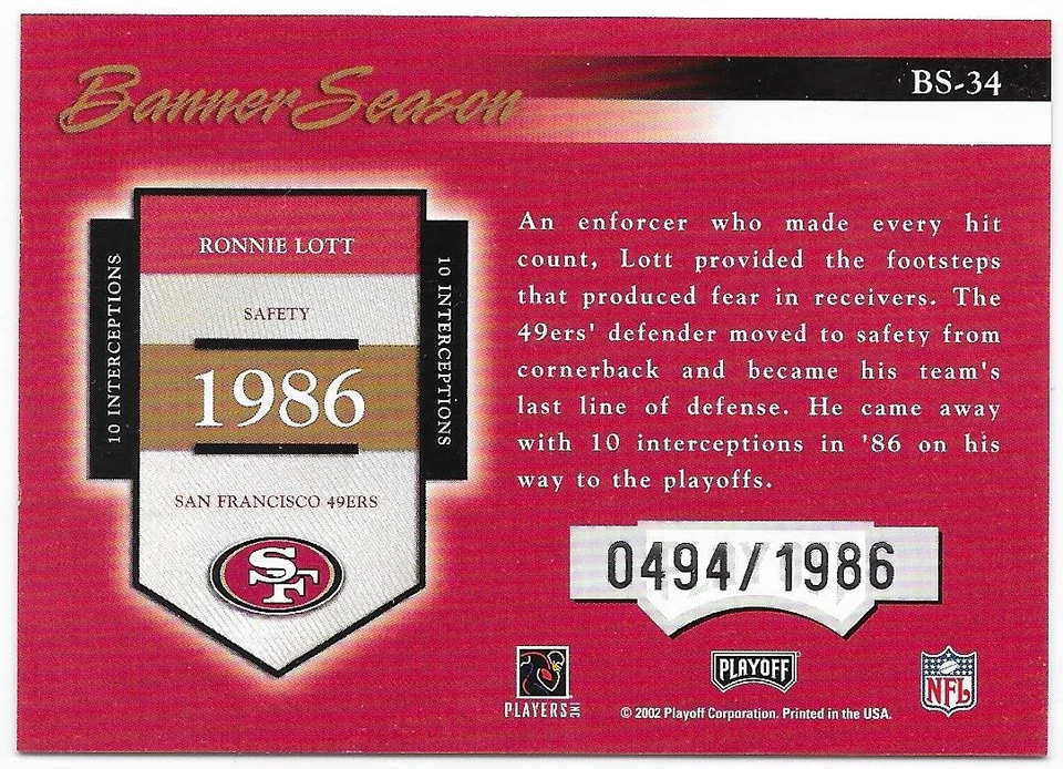 2002 Playoff Prestige Ronnie Lott 494/1986 Banner Season #BS-34 - Image 2 of 2