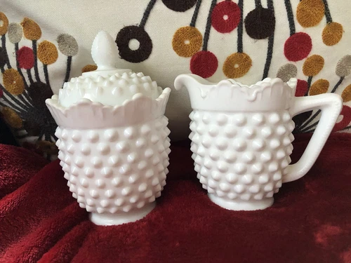 Vintage Fenton Glass White Hobnail Ruffled Lidded Sugar Bowl & Creamer Set