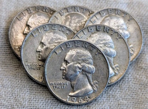 Lot of 6 1964 Washington Quarters XF/AU : P&D, High Grade - .9 Fine Silver Coins