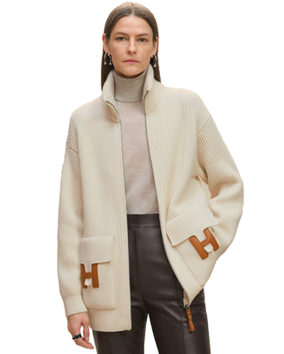 Hermes H Pocket Logo Blanc Zip Up Zipper Cardigan Sweater Wool