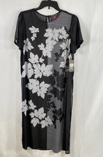 Vince Camuto Women's Rich Black Floral Leaf Sheer Layer Midi Dress NWT Sz S