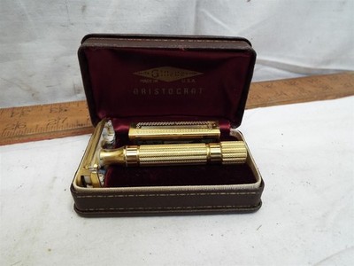 Vintage Gillette Gold Tone Aristocrat Safety Razor with Case Blade