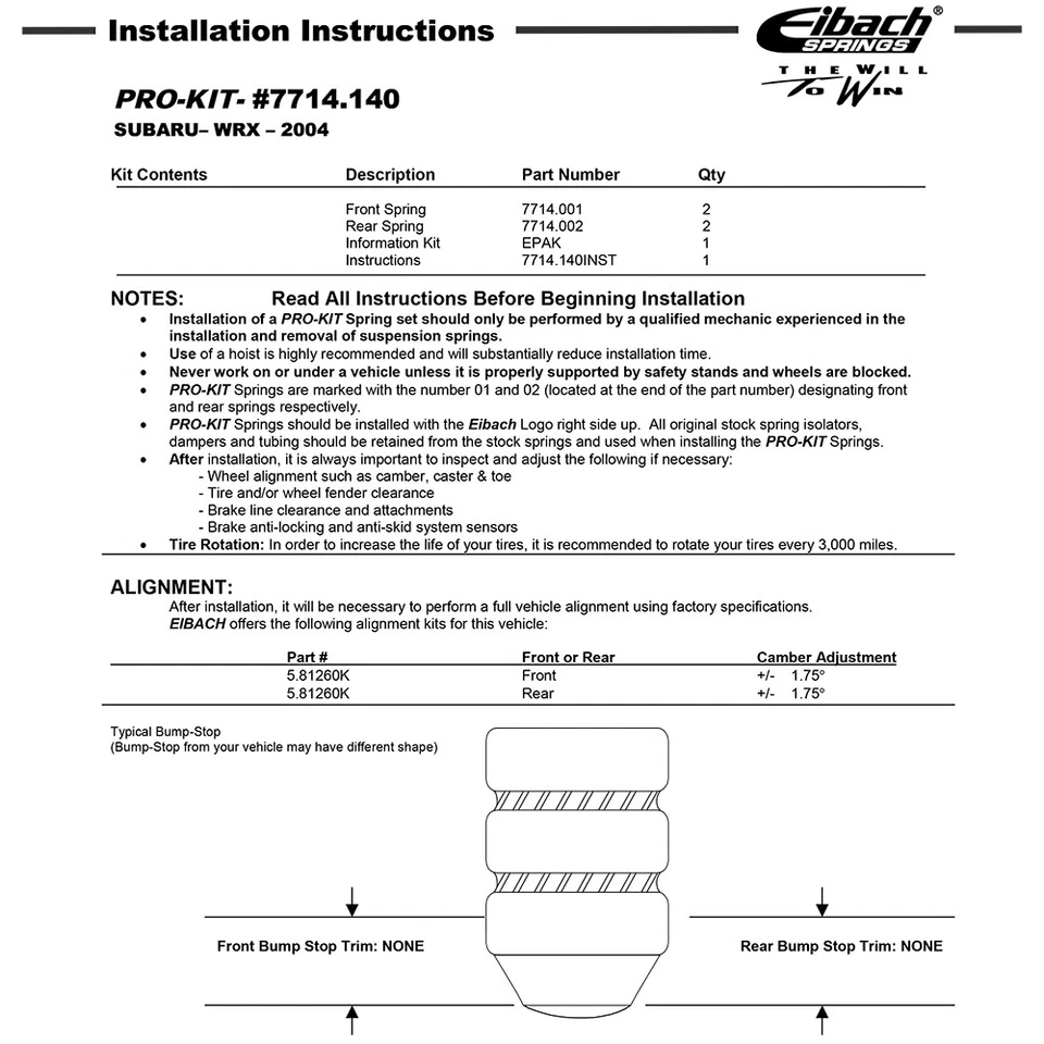 Kit de resortes rebajadores delanteros traseros Eibach 7714.140 PRO-KIT para 2004-07 Impreza WRX Foto 2 de 4