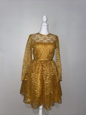 ASOS NWT Gold Floral Lace Fit Flare Dress 8 Mustard Long Sleeve Party