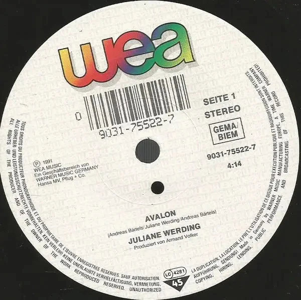 Juliane Werding Avalon Vinyl Single 7inch WEA - Bild 1 von 1