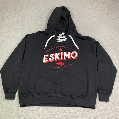 Eskimo Ice Fishing Hoodie Mens XL Black Sweatshirt Rare Y2K Hockey Drawstrings