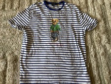 Polo Ralph Lauren Shirt Mens L White Navy Striped Polo Bear Graphic Tee