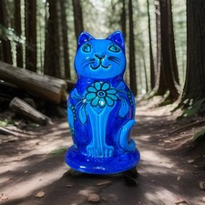 VTG Ceramic Cat Figurine Coin Bank MCM Mario Bellini For Raymor Vivid Blue Italy