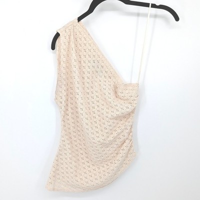 Mango MNG One Shoulder Top Women XS Beige Lace Eyelet Cowl Neck Asymmetrical