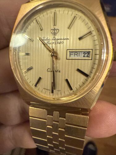 Jules Jurgensen Men's watch 5521 gold plate pinstripe dial new battery - Picture 2 of 13