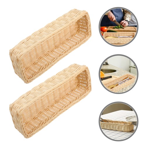 2 PCS Rattan Storage Basket Long Narrow Silverware Holder for Party Woman