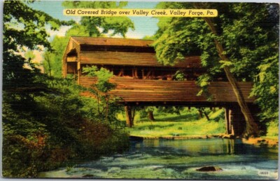 Old Covered Bridge Valley Creek Valley Forge Pennsylvania VTG Linen Postcard B34