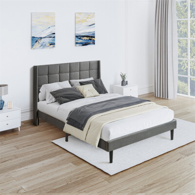 QUEEN Size Upholstered Platform Bed Frame Tufted Fabric Headboard Modern Style