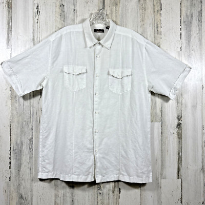 Cafe Luna Linen Blend Short Sleeve Two Pocket White Camp Shirt Large Guayaberas