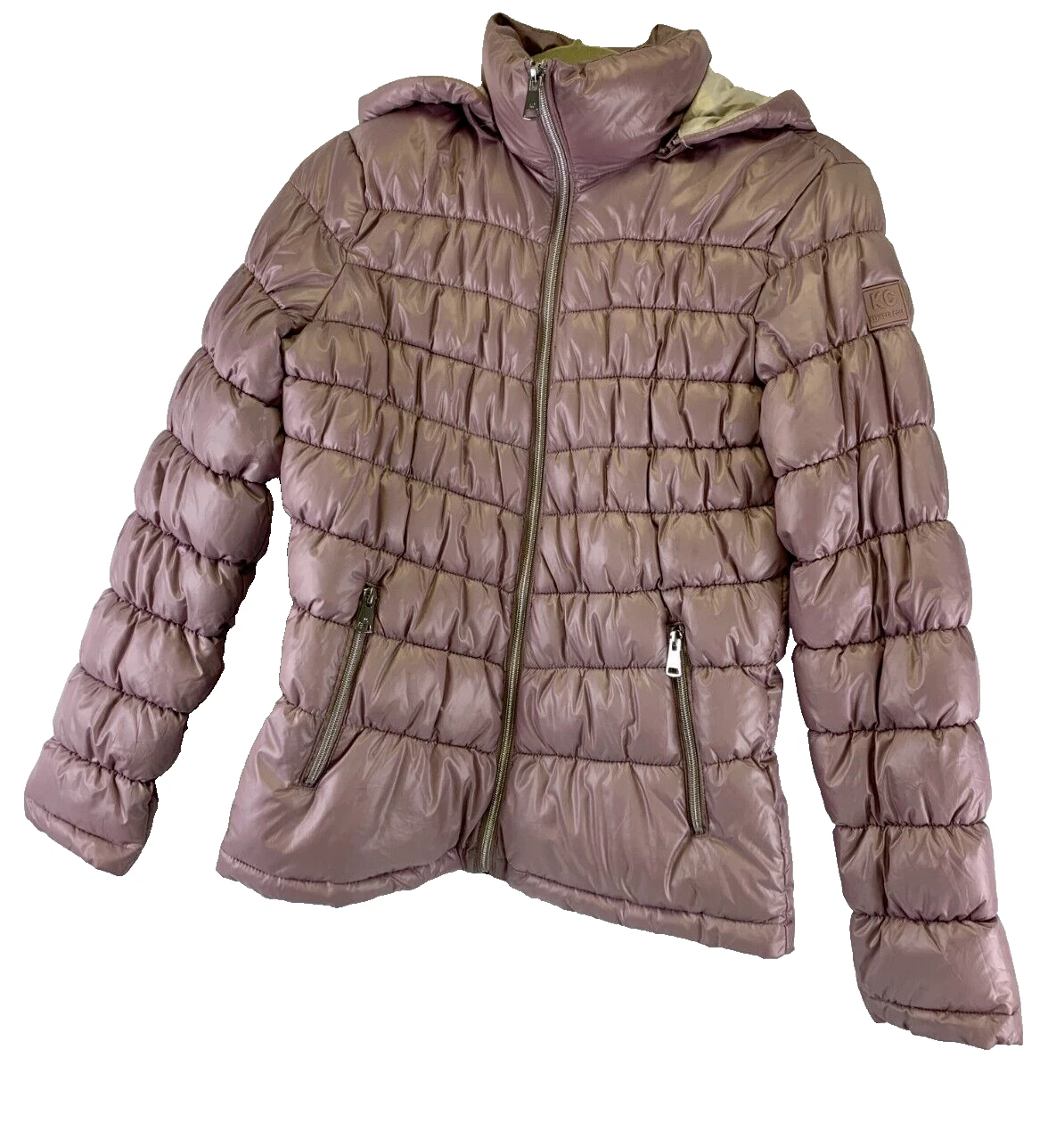 Kenneth Cole Packable Puffer Coat Hooded Jacket Pink Metallic Zip Womens Small