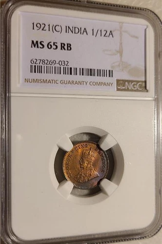 India 1/12 Anna 1921C NGC MS 65 RB